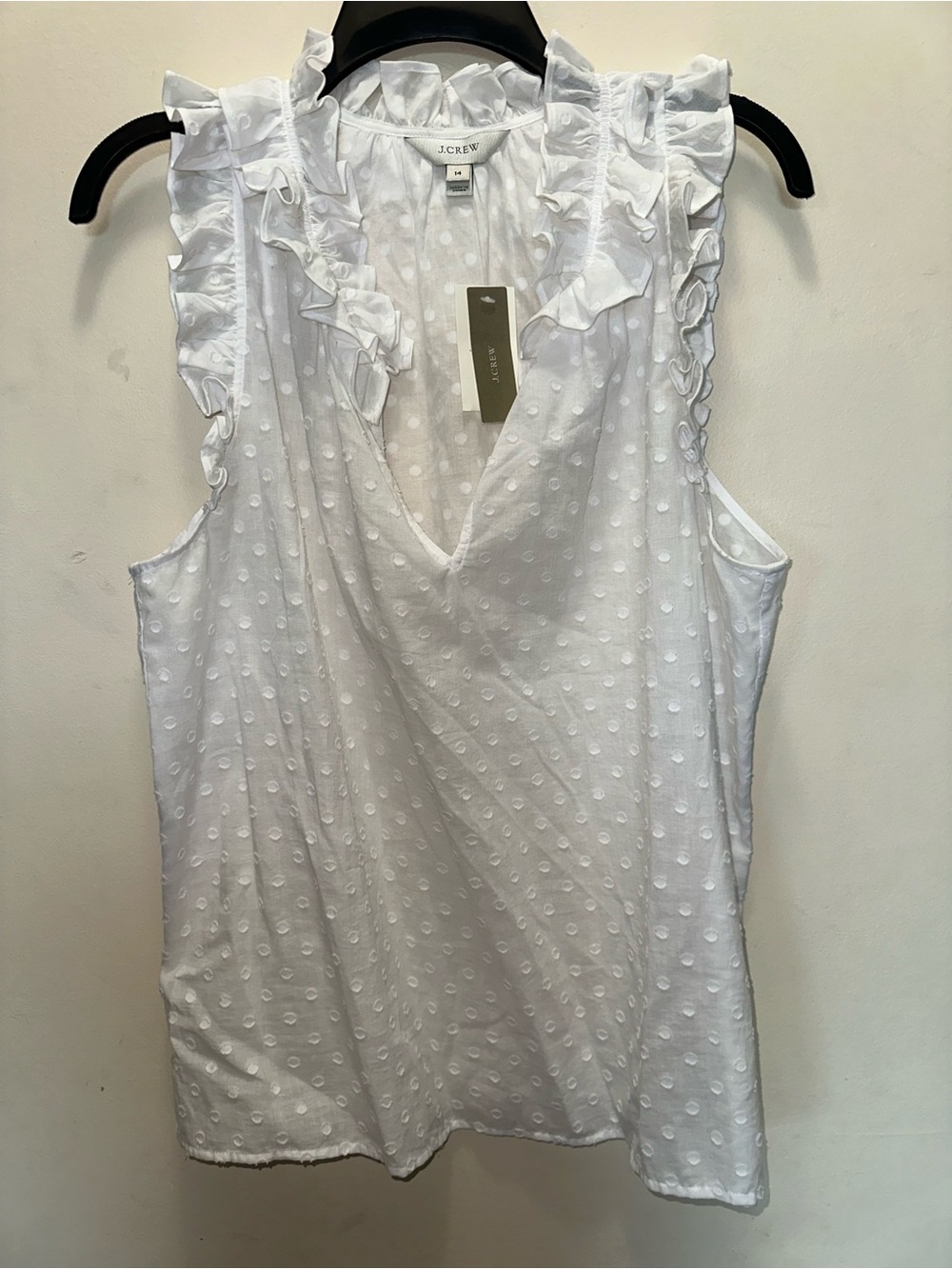 J. Crew White Swiss Dot Ruffle V-Neck Sleeveless shirt